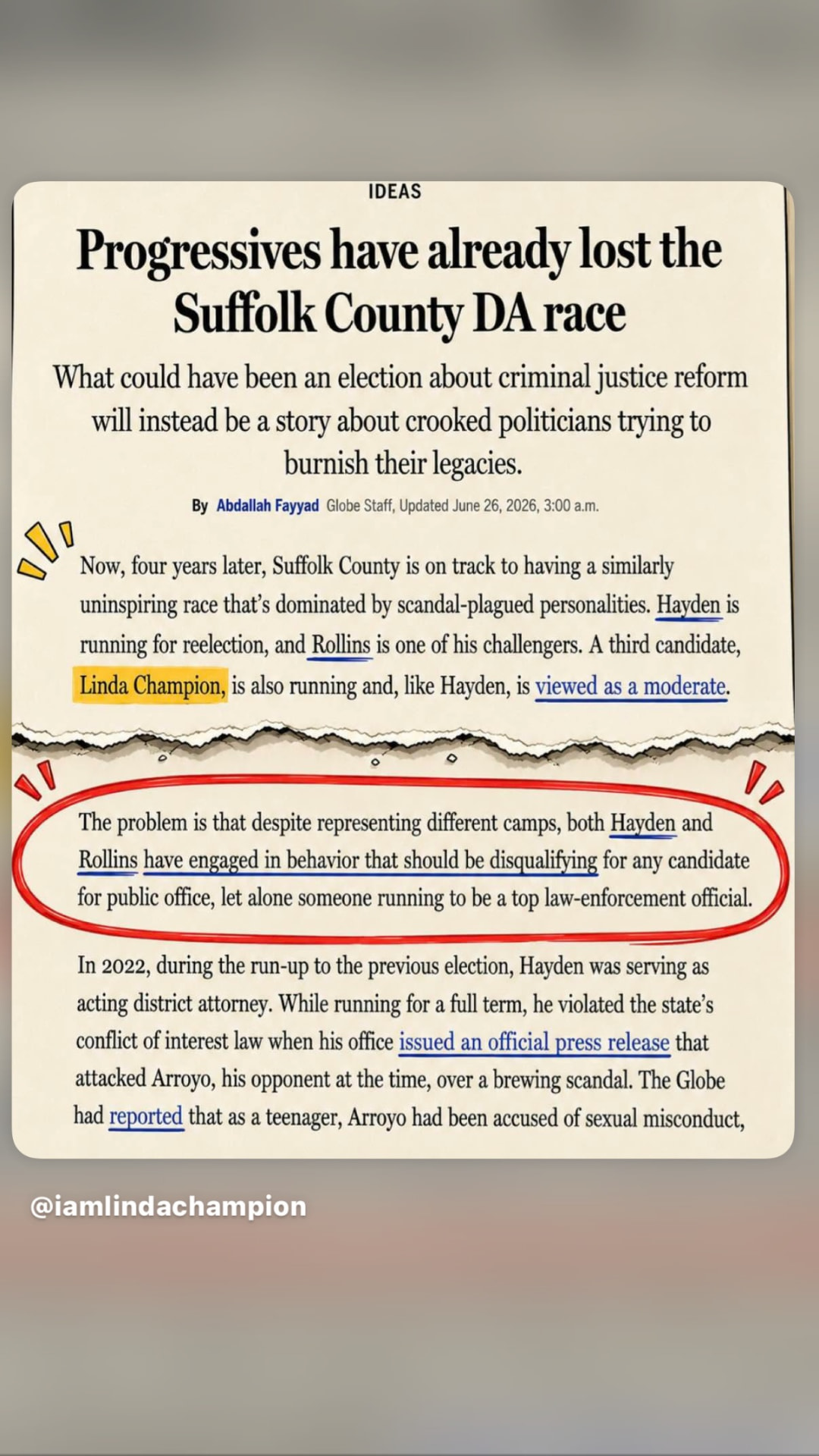 Boston Globe Ideas column headlined 'Progressives have already lost the Suffolk County DA race,' noting Linda Champion is also running.